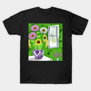 watercolor flowers by window in bathroom T-Shirt